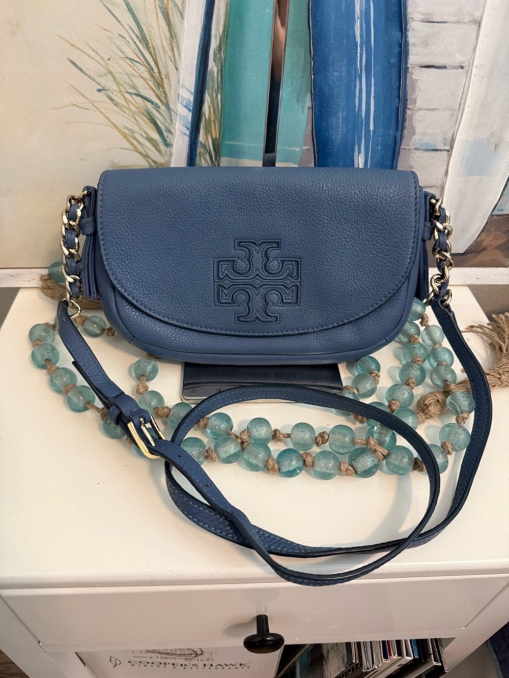 Tory Burch periwinkle blue Leather Logo Crossbody with silver Chain